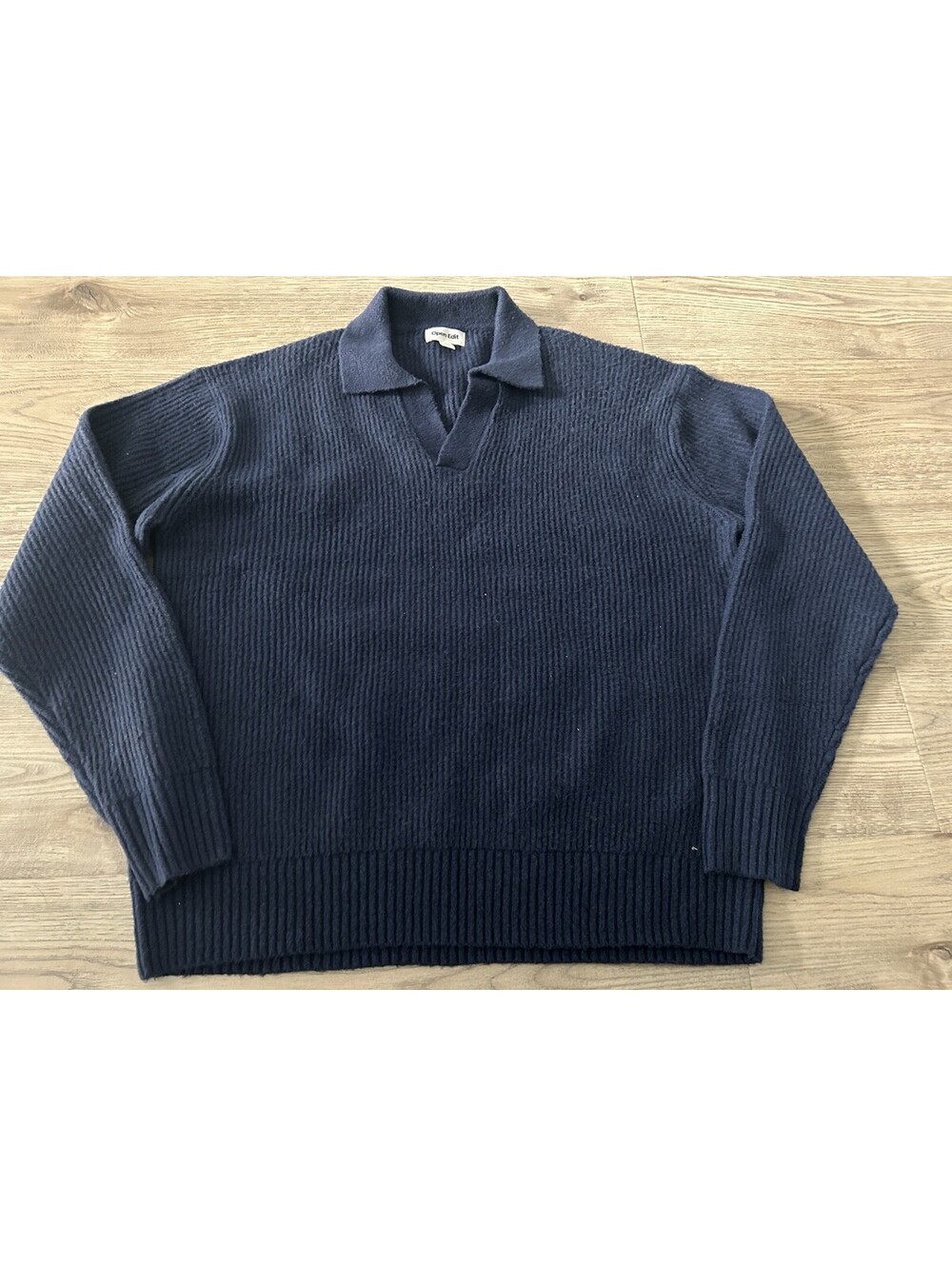 Open Edit Ribbed Navy Blue Collared V-Neck Sweater Size Large